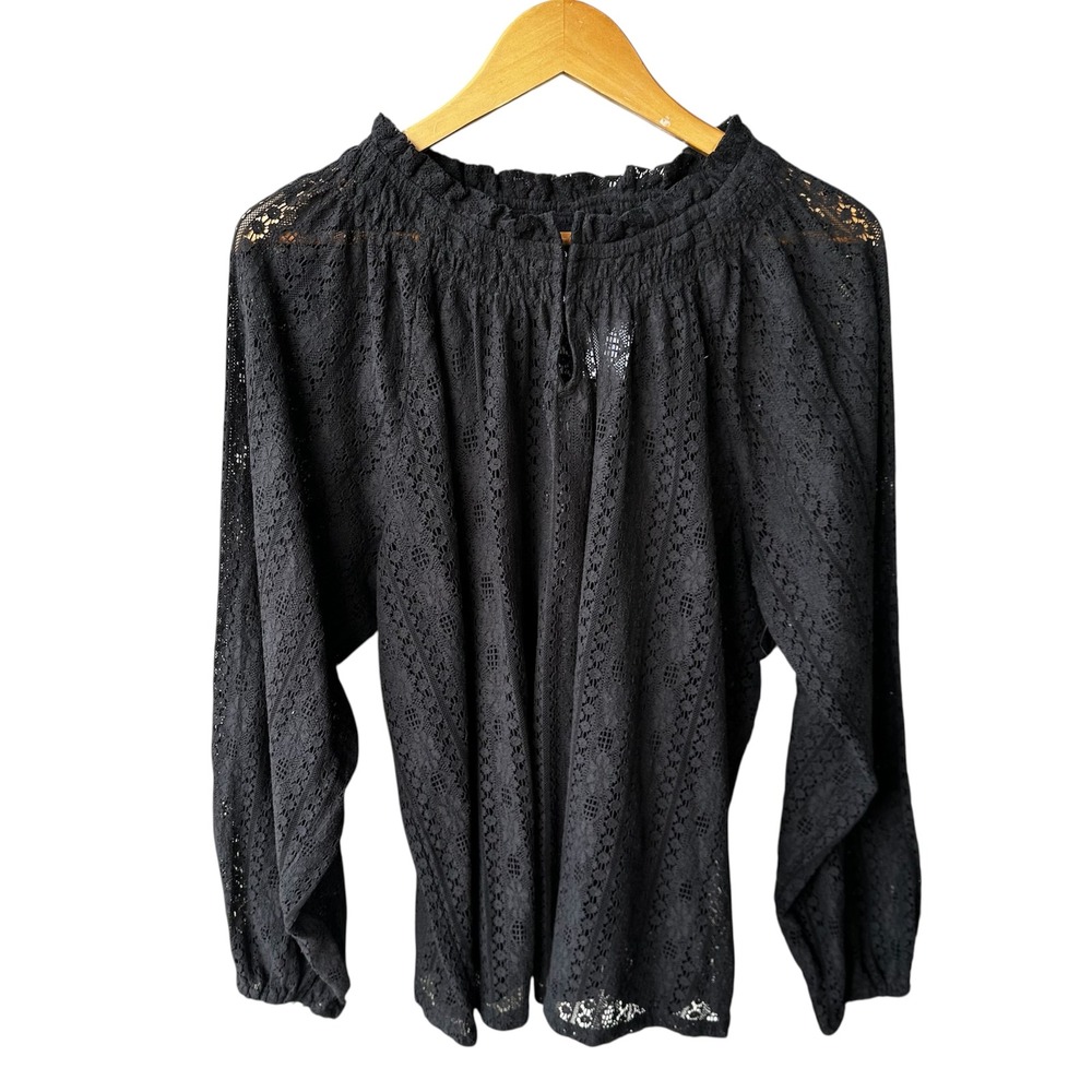 Old Navy Blouse Top Black Floral Lace Smocked Long Sleeve Preppy Business Large